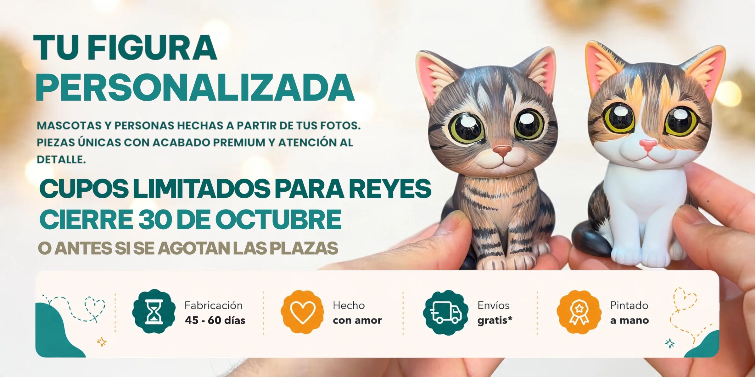 Tu figura personalizada: dos gatitos pintados a mano. Cupos limitados para Reyes, cierre el 30 de octubre o antes si se agotan las plazas