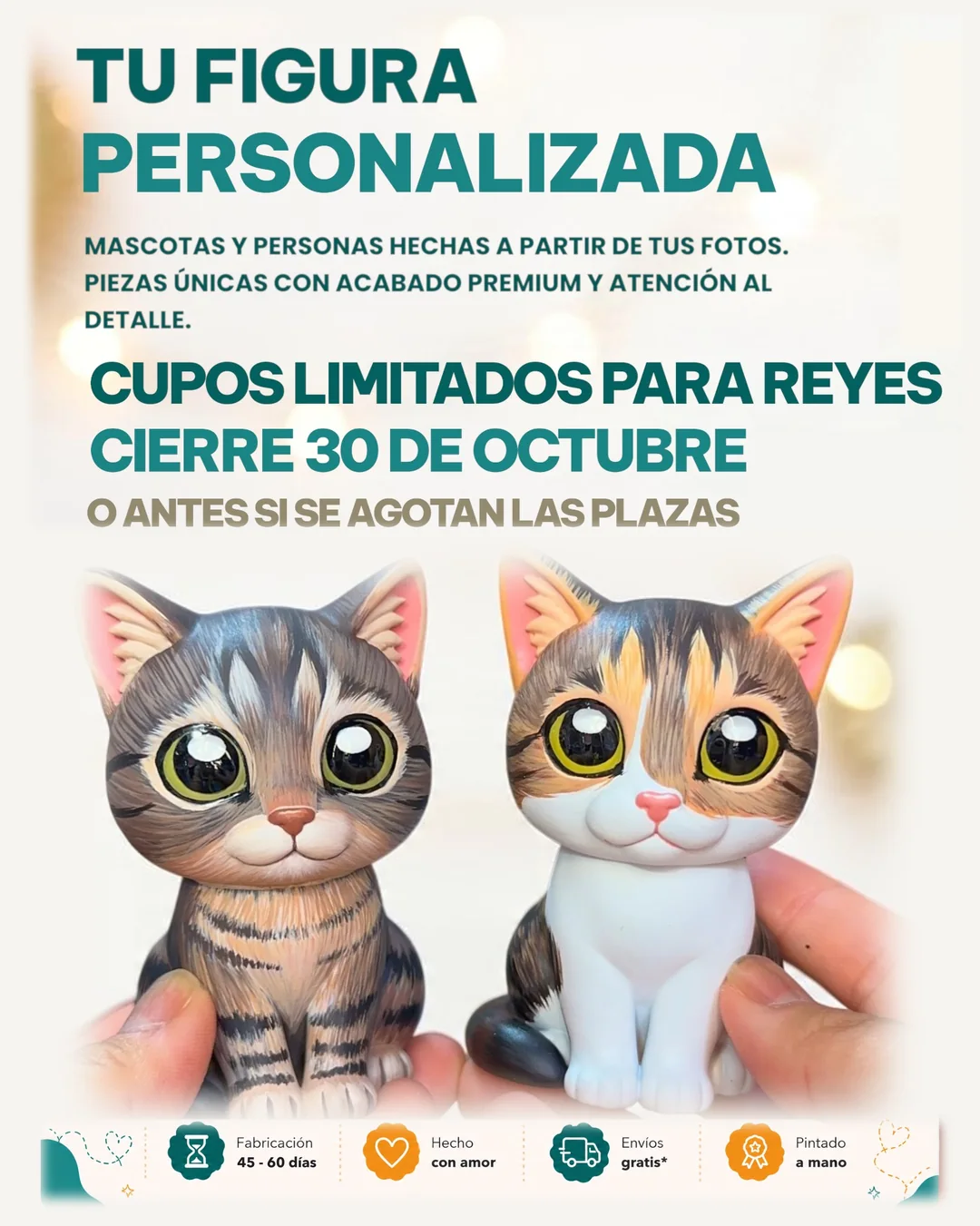 Tu figura personalizada: dos gatitos pintados a mano. Cupos limitados para Reyes, cierre el 30 de octubre o antes si se agotan las plazas